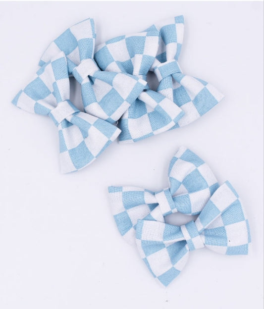 Blue and white checker pigtail hair bows